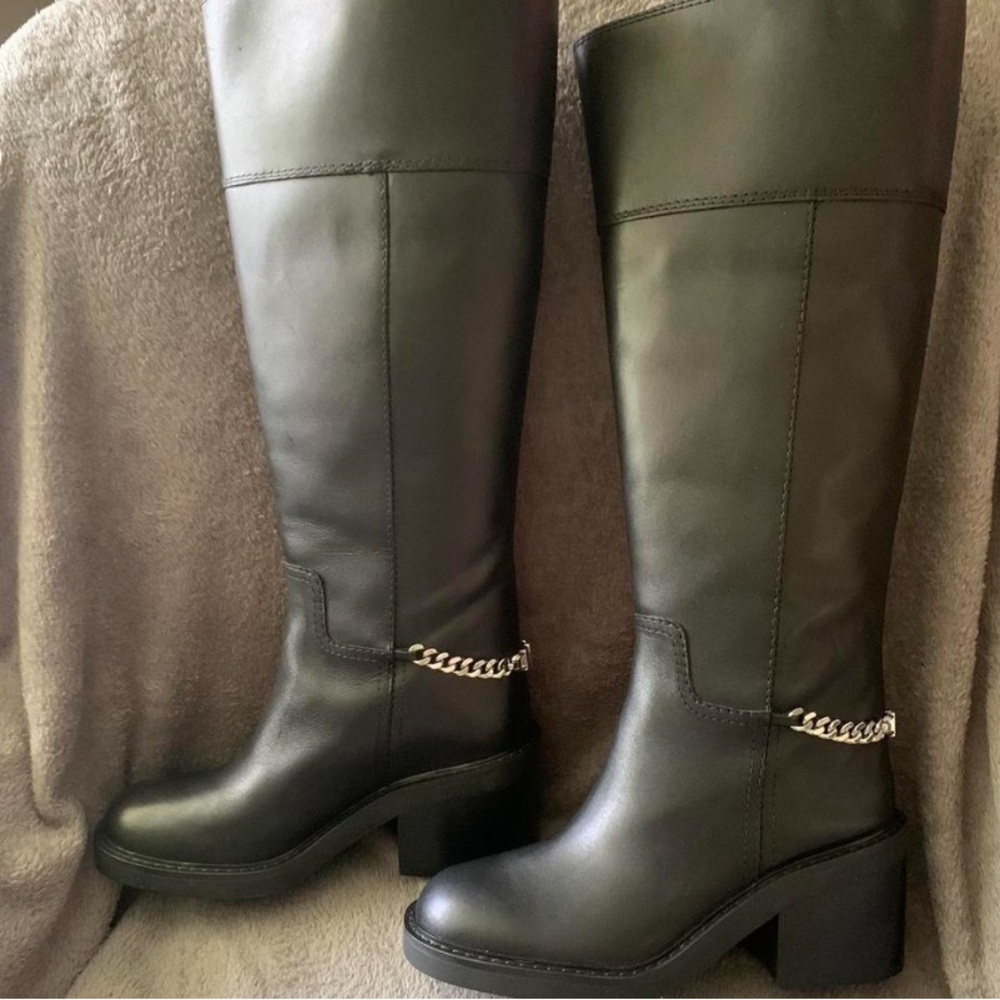 New Michael Kors Black Leather Knee-High Boots with Chain Detail Size 7.5WIDE